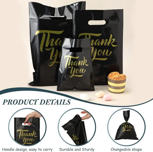 Miniatura 3 de Jeyiour 300 bolsas de mercancía de agradecimiento de 3 tamaños, bolsas de compras para negocios con asas, regalo de agradecimiento, bolsas de Negro