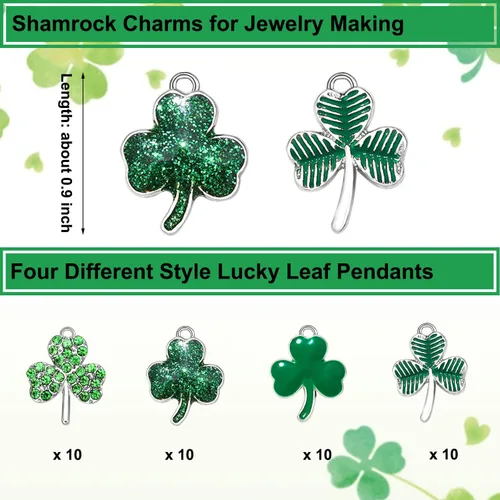 Miniatura 2 de 40 dijes de trébol del día de San Patricio para hacer joyas, varios esmaltes irlandeses con hojas verdes de la suerte, dijes para collares