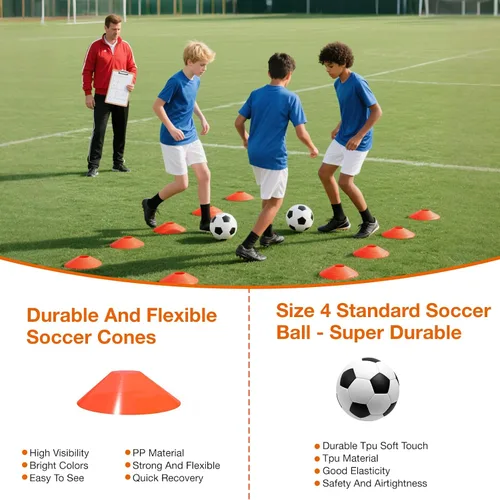 Miniatura 5 de Paquete de 2 porterías de fútbol portátiles de 6 x 4 pies para niños, juego de red de fútbol juvenil desplegable con pelota, conos y escalera