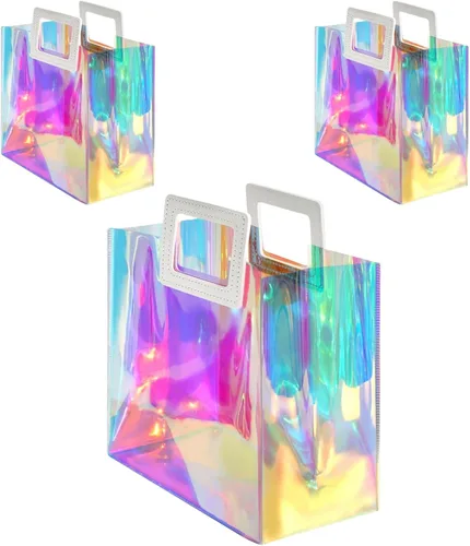 VUOJUR 3 bolsas de regalo holográficas de tamaño mediano de 11 x 9.8 x 5.1 pulgadas, bolsa de regalo de cumpleaños reutilizable transparente para