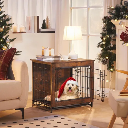 Miniatura 9 de Mueble de jaula para perros, perrera pequeña de 25.5 pulgadas para interiores, jaula de madera con bandeja extraíble, mesa auxiliar lateral que