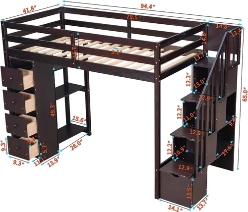 Miniatura 3 de Cama alta moderna con cajones de almacenamiento y escaleras, cama de madera tamaño individual con estantes y barandillas, para niños, niñas