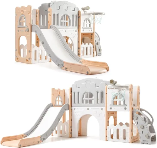 Miniatura 10 de Juego de tobogán infantil 8 en 1, juego de tobogán y escalador con pasillo, aro de baloncesto, telescopio, patio de juegos para interiores