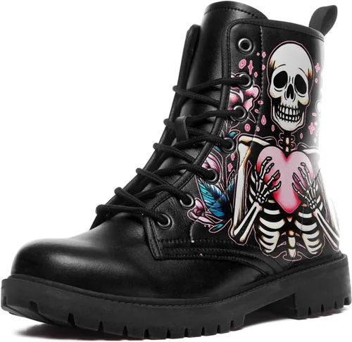 Miniatura 15 de Botines de combate para mujer, con estampado de corazón, botines cortos de moda con rosas y calavera, botas de trabajo duraderas con cordones