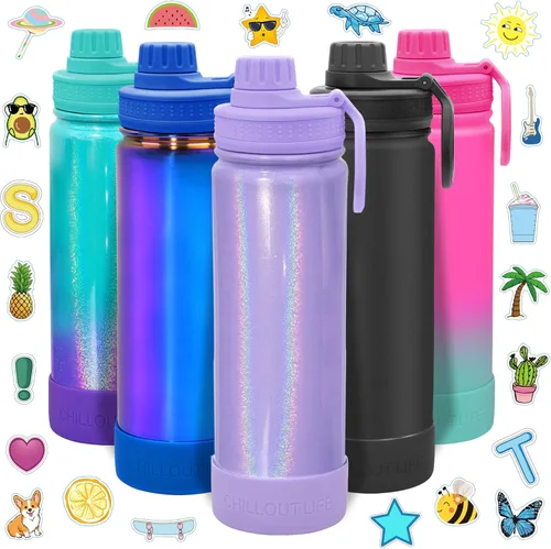 Miniatura 17 de CHILLOUT LIFE Botella de agua aislada para niños de 12 onzas para la escuela con tapa de boquilla a prueba de fugas y bonitas calcomanías Azul