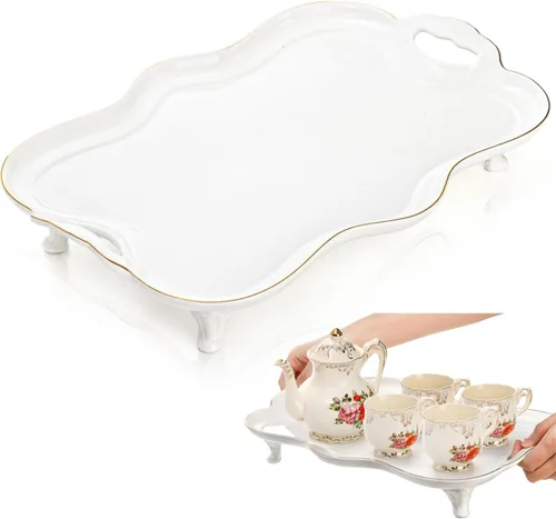 Tlence Bandeja de cerámica de 16 pulgadas con asas, bandeja de servir grande vintage, bandeja de mesa de café de estilo británico, plato decorativo