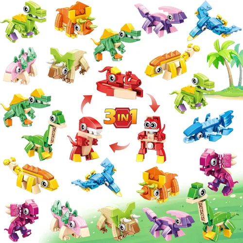 Paquete de 24 recuerdos de fiesta para niños, juguetes de bloques de construcción de dinosaurios 3 en 1, regalos de aula para niños, rellenos de