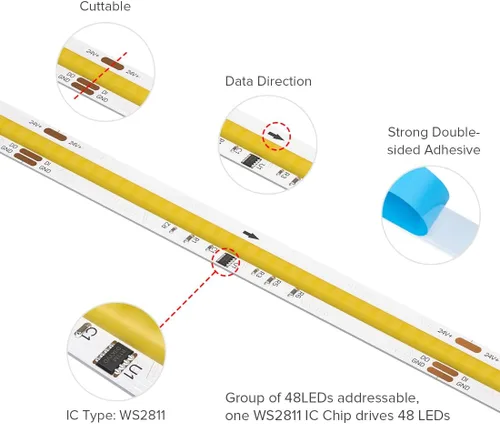 Miniatura 4 de BTF-LIGHTING FCOB - Tira LED COB direccionable WS2811 IC 3000K blanco cálido, flexible, de alta densidad, uniforme, luz blanca de persecución, 16.4