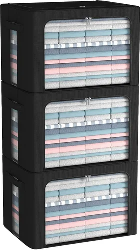 Miniatura 15 de Paquete de 3 cajas de almacenamiento con marco, bolsas de almacenamiento de ropa, tela Oxford, plegable, apilable, juego organizador con ventana