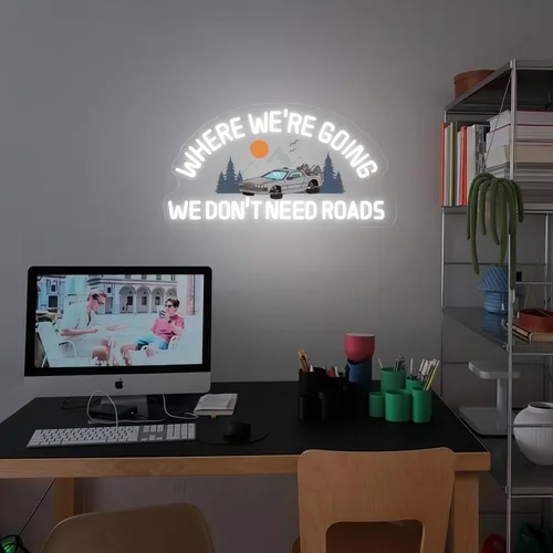 Miniatura 7 de Letrero de neón personalizado con texto en inglés «Where We're Going We Don't Need Roads», neón LED retro para decoración de pared, USB regulable