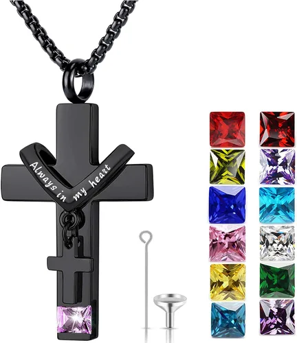 YOUFENG Collares de urna de piedras de nacimiento para cenizas, cruz cremación, urna para cenizas humanas, recuerdo conmemorativo, medallón de