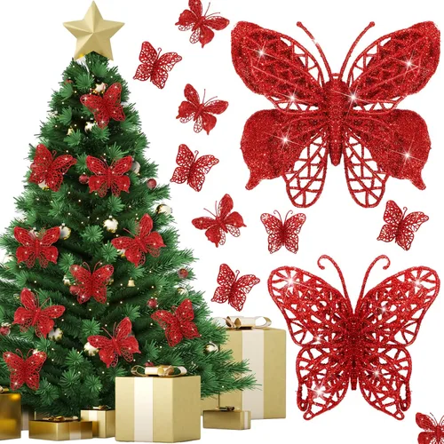 Miniatura 7 de Liliful 32 piezas de adorno de mariposa de purpurina navideña con clip, mariposa hueca, decoración de Navidad artificial, adorno colgante con clip