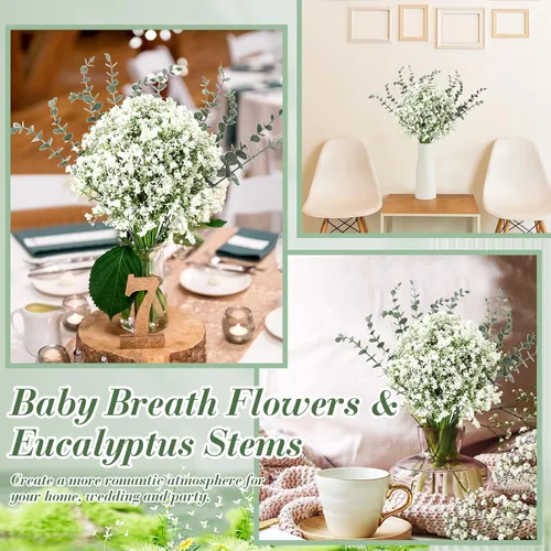 Miniatura 4 de Retrowavy 80 piezas de flores artificiales de aliento de bebé, flores de aliento de bebé, ramos de gypsophila con tallos de eucalipto sintético