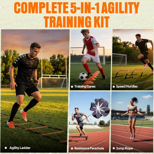Miniatura 4 de Agility Ladder, Soccer Football Training Equipment Set - 20ft Speed Ladder, 4 Hurdles,Parachute, 12 Cones & Jump Rope Agility & Speed Training for