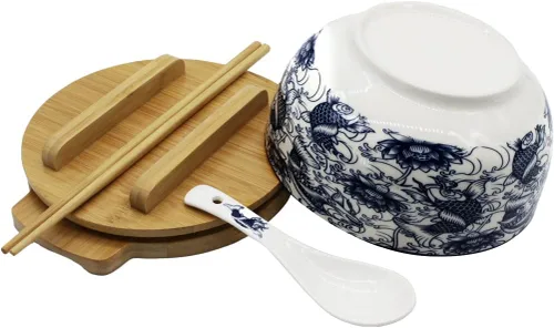 Miniatura 3 de XWORLD Juego de cuencos de cerámica japonesa para fideos ramen con cuchara de cerámica, palillos de bambú, tapa y salvamanteles, capacidad