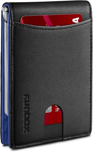 RUNBOX Cartera delgada de cuero genuino para hombre, bloqueo RFID, plegable, minimalista, bolsillo frontal, cartera para hombre con clip para
