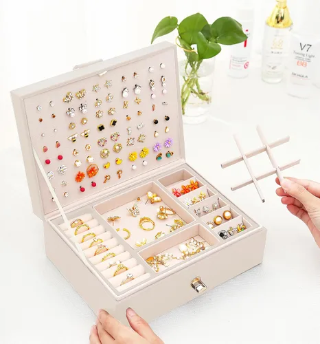 Miniatura 76 de Joyero de pendientes para mujeres y niñas, organizador de aretes de 5 capas, caja organizadora de joyas blanca con candado, collares y aretes