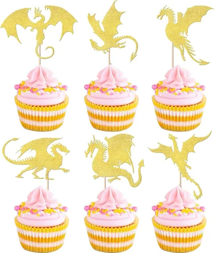 Miniatura 11 de Paquete de 24 adornos para cupcakes de dragón con purpurina de fantasía, para cumpleaños, temática de dragón volador, baby shower, fiesta
