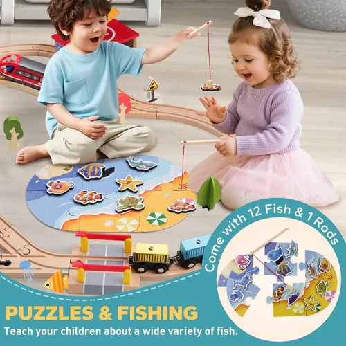 Miniatura 4 de Juego de tren de madera de 118 piezas, juego de tren urbano con tren eléctrico y juego de pesca, compatible con las principales marcas, regalo ideal