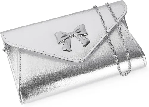 Miniatura 2 de Gurina Bolso de mano de noche con detalle de lazo, elegante bolsa de fiesta de piel sintética brillante con cadena desmontable para boda y baile