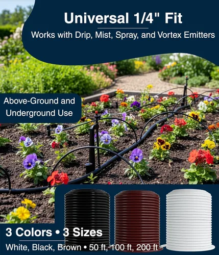 Miniatura 5 de DBR Tech® Tubo de riego por goteo de 1/4, 100 pies, manguera flexible de riego por goteo de plástico PVC para jardinería, nebulización, hidroponía