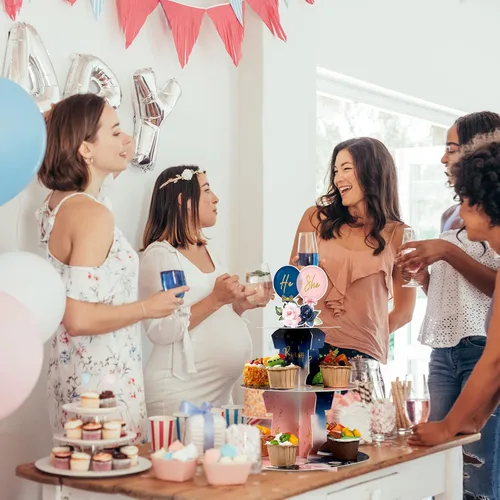 Miniatura 5 de Faccito Decoración de soporte para cupcakes para fiesta de revelación de género, azul y rosa de 3 niveles para baby shower, suministros de cartón