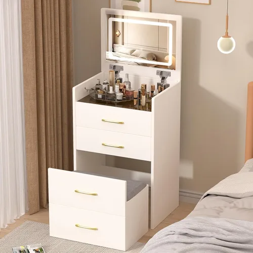 Escritorio de tocador 3 en 1 con espejo abatible y luces, tocador compacto con silla oculta, escritorio de vidrio visible, 3 cajones, 3 modos de