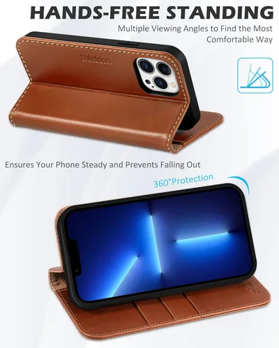 Miniatura 5 de SHIELDON Funda para iPhone 13 Pro Max 5G, cartera de cuero genuino tipo folio magnética con amortiguación de golpes, bloqueo RFID, tarjetero, Marrón