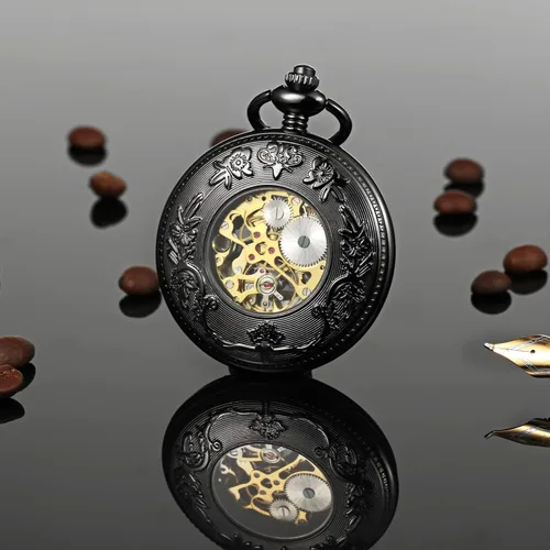 Miniatura 4 de Reloj de bolsillo mecánico de esqueleto para hombre, diseño de dragón fénix, caja negra con cadena + caja de regalo para hombre, Negro -, Mecánico