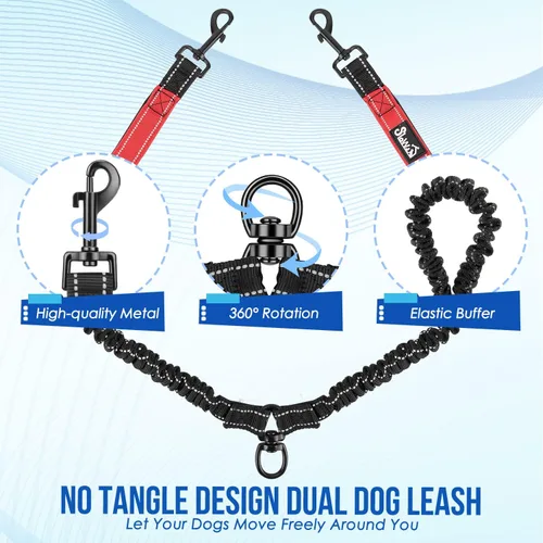 Miniatura 5 de SlowTon Correa doble para dos perros – Correa para perro sin enredos, correa giratoria de 360° reflectante doble para perro con dos asas acolchadas