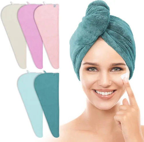 Miniatura 10 de TENSTARS Paquete de 5 Toallas de Microfibra Engrosadas para Cabello para Mujeres - Diseño de Lazo Elástico - 320GSM Terciopelo Coral - Turbante