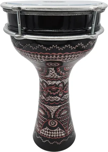 Miniatura 5 de Darbuka de aluminio de 16 '' de longitud, tambor Doumbek turco sintonizable de cabeza sintética de 8 pulgadas (grabado oscuro-azul)