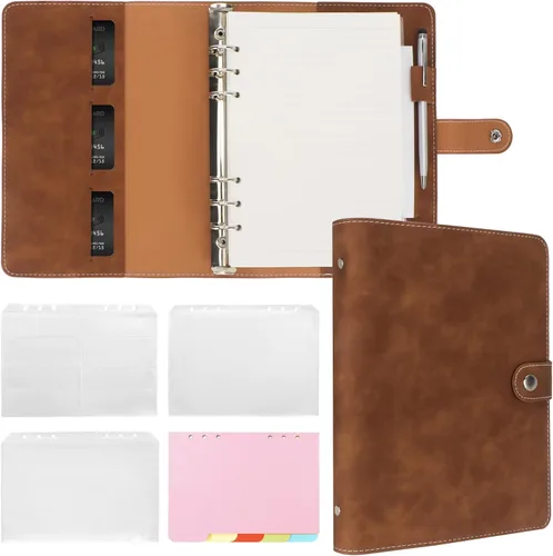 Miniatura 15 de FYY - Cuaderno de 6 anillos de piel sintética con bolsillos, divisores y papel de recarga, agenda de tamaño A5, color azul