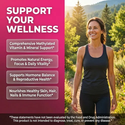 Miniatura 2 de Multivitamino Metilado para Mujeres Vitaminas B6 Metil B12 A B C D K E Folato Colina Omega 3 Tiamina Riboflavina Hierro Yodo Magnesio Zinc Selenio