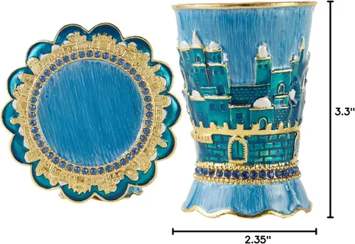 Miniatura 8 de Matashi Juego de tazas de Kidush esmaltadas pintadas a mano de 3.3 pulgadas de alto con bandeja con cristales y diseño de paisaje urbano
