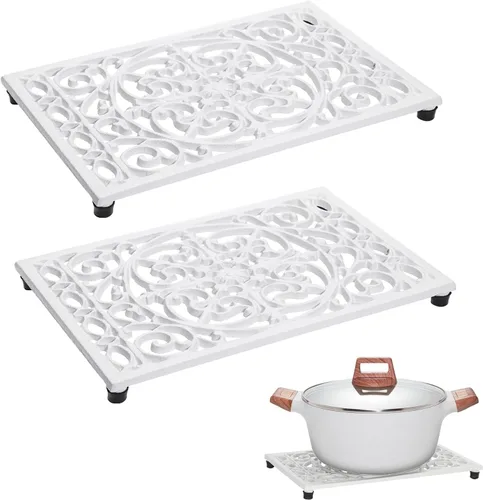 Miniatura 8 de Sumnacon 2 salvamanteles de hierro fundido de 7.7 pulgadas, almohadillas de metal rústico resistente, salvamanteles vintage para encimera de cocina