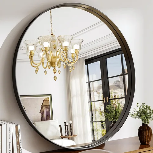 Miniatura 18 de Espejo redondo de baño de 24 pulgadas, espejo circular montado en la pared con marco de metal, espejo moderno adecuado para baño, tocador, entrada