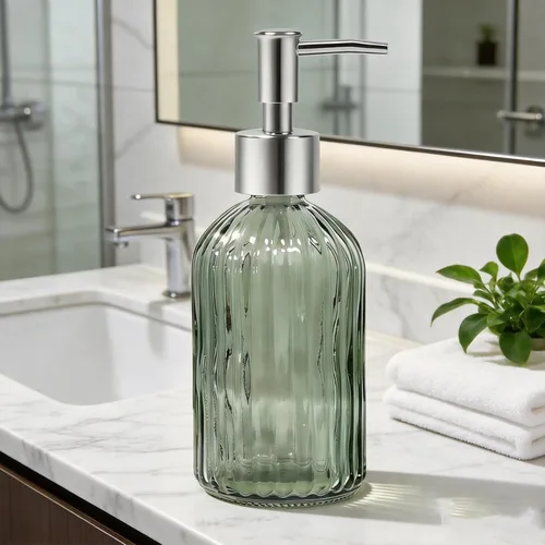 Miniatura 5 de Dispensador de jabón de vidrio verde para baño y cocina, dispensador de jabón líquido recargable de manos de 14 onzas con bomba de plástico