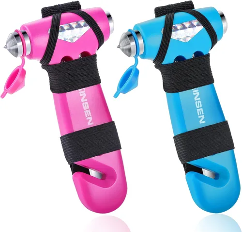SINSEN Martillo de seguridad para automóvil, rompe ventanas y cortador de cinturón de seguridad para mujeres, kit de emergencia en carretera, rosado
