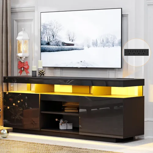HOMMPA Soporte de TV LED de 70 pulgadas con tomas de corriente, moderno centro de entretenimiento con luces LED para sala de estar, gabinete Negro