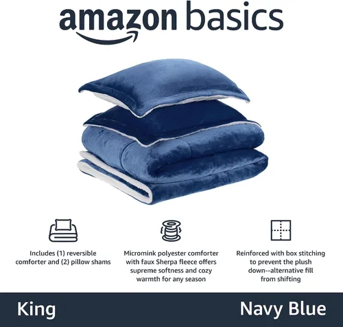Miniatura 2 de Amazon Basics Juego de ropa de cama de 3 piezas, Sherpa de micromink, ultrasuave, edredón cálido para todas las estaciones, tamaño King, azul Azul