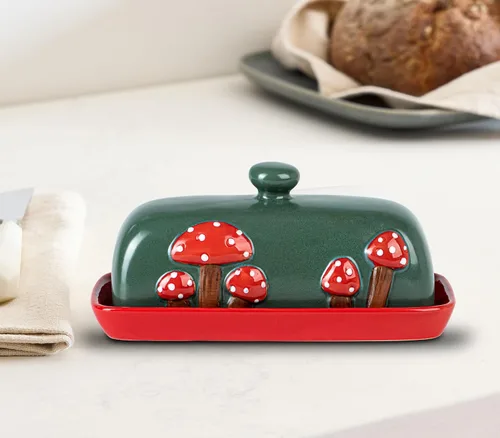 Miniatura 6 de Mantequera de Cerámica en Forma de Seta con Tapa para Encimera - Bandeja de Contenedor Rojo, Grande Cubierta