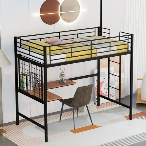 SOFTSEA Cama tipo loft de metal doble con escritorio y rejilla de metal, marco de cama de acero de estilo industrial para niños y adolescentes