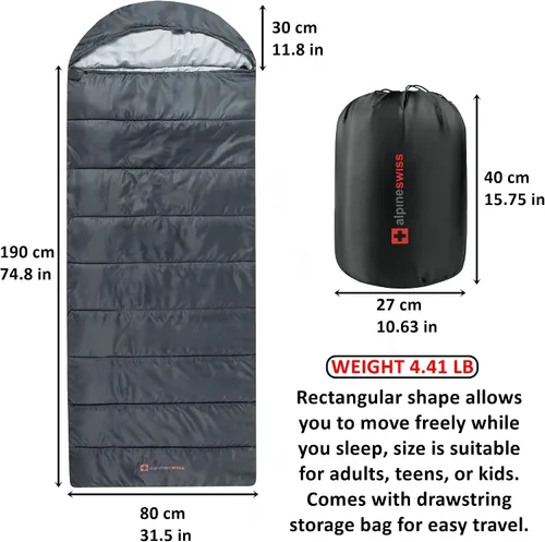 Miniatura 2 de Alpine Swiss Saco de dormir de 32.0 °F (32°F), ligero, impermeable, con saco de compresión, para adultos, para todas las estaciones, camping, Gris