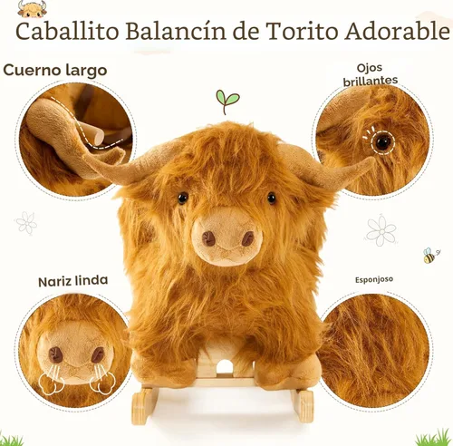Miniatura 6 de Caballo mecedora bebé, caballo de madera de ganado Highlander para niños de 1 año lindo vaca de peluche suave cabalgadura juguete mecedora animal