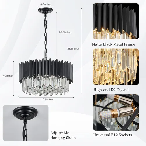 Miniatura 2 de Candelabro de cristal negro de 20 pulgadas, K9, luces colgantes redondas, ajustables, de 4 niveles, gran lámpara de cristal moderna, 6 luces