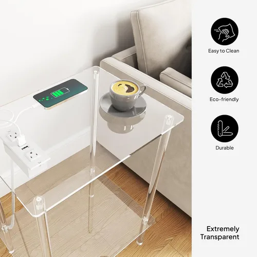 Miniatura 5 de Eglaf Mesa auxiliar de acrílico con estación de carga y puertos USB, mesita de noche pequeña para sala de estar, dormitorio, 15.7 pulgadas de largo