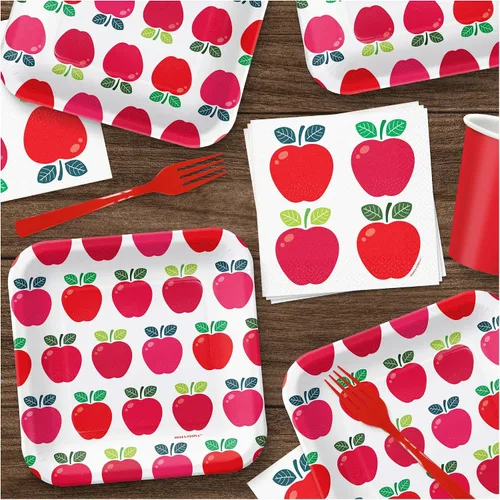 Miniatura 5 de HOME & HOOPLA Apple Party Supplies – Platos y servilletas de papel cuadrado de manzana roja (sirve 16) – Vajilla temática de manzana, otoño
