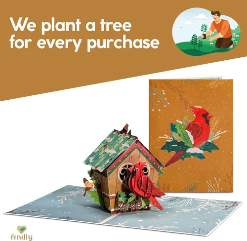 Miniatura 5 de Frndly by Paper Love Bird House Tarjeta de Navidad Pop Up, Tarjetas de Felicitación Emergentes 3D Hechas a Mano, Para Navidad o Días Festivos, 100%