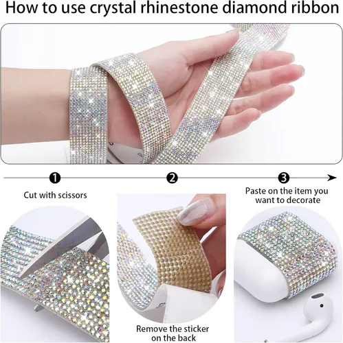 Miniatura 3 de 3 rollos de 6 m de cinta de diamantes de imitación de cristal autoadhesiva - Cintas adhesivas de diamantes DIY con diamantes de imitación de 2 mm